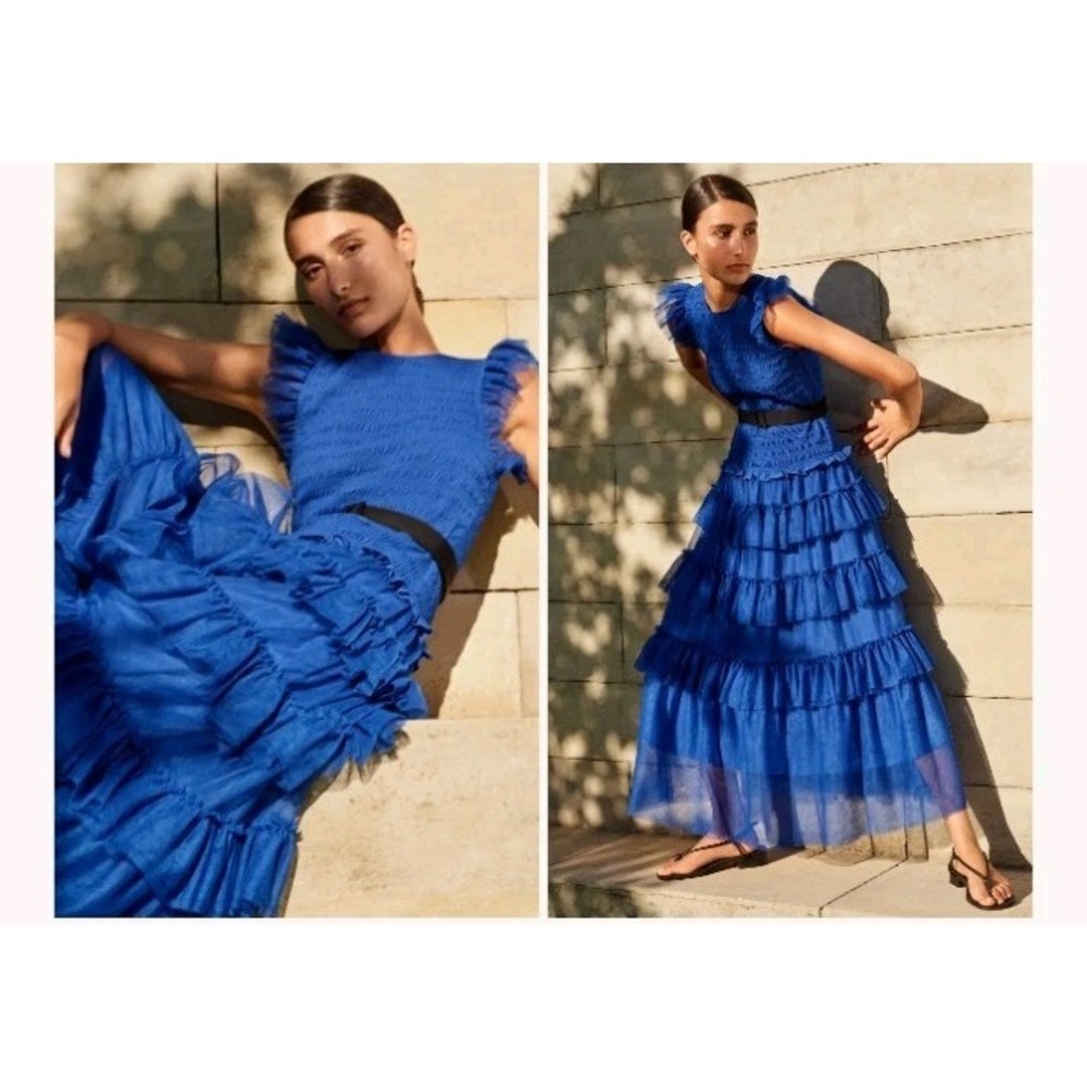 ME+EM Ethereal Tulle Shirred Midi Dress Womens 8 Royal Blue Tiered Wedding Party - Picture 3 of 15